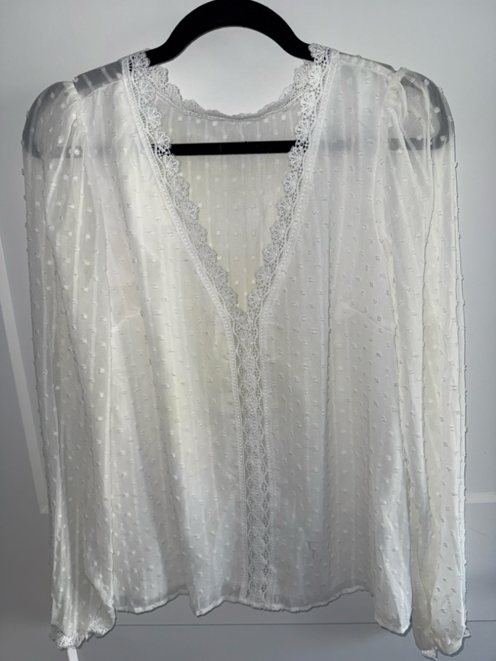 SHEIN White Swiss Dot Lace Trim V-Neck Blouse